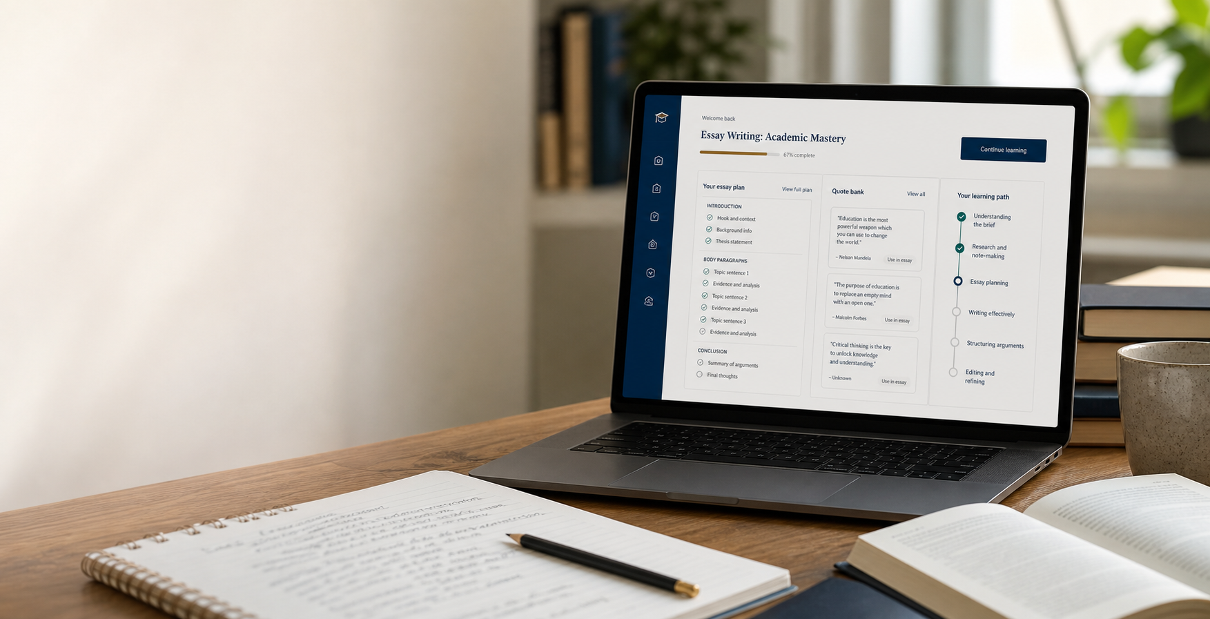 Laptop showing an online essay course dashboard beside structured study notes